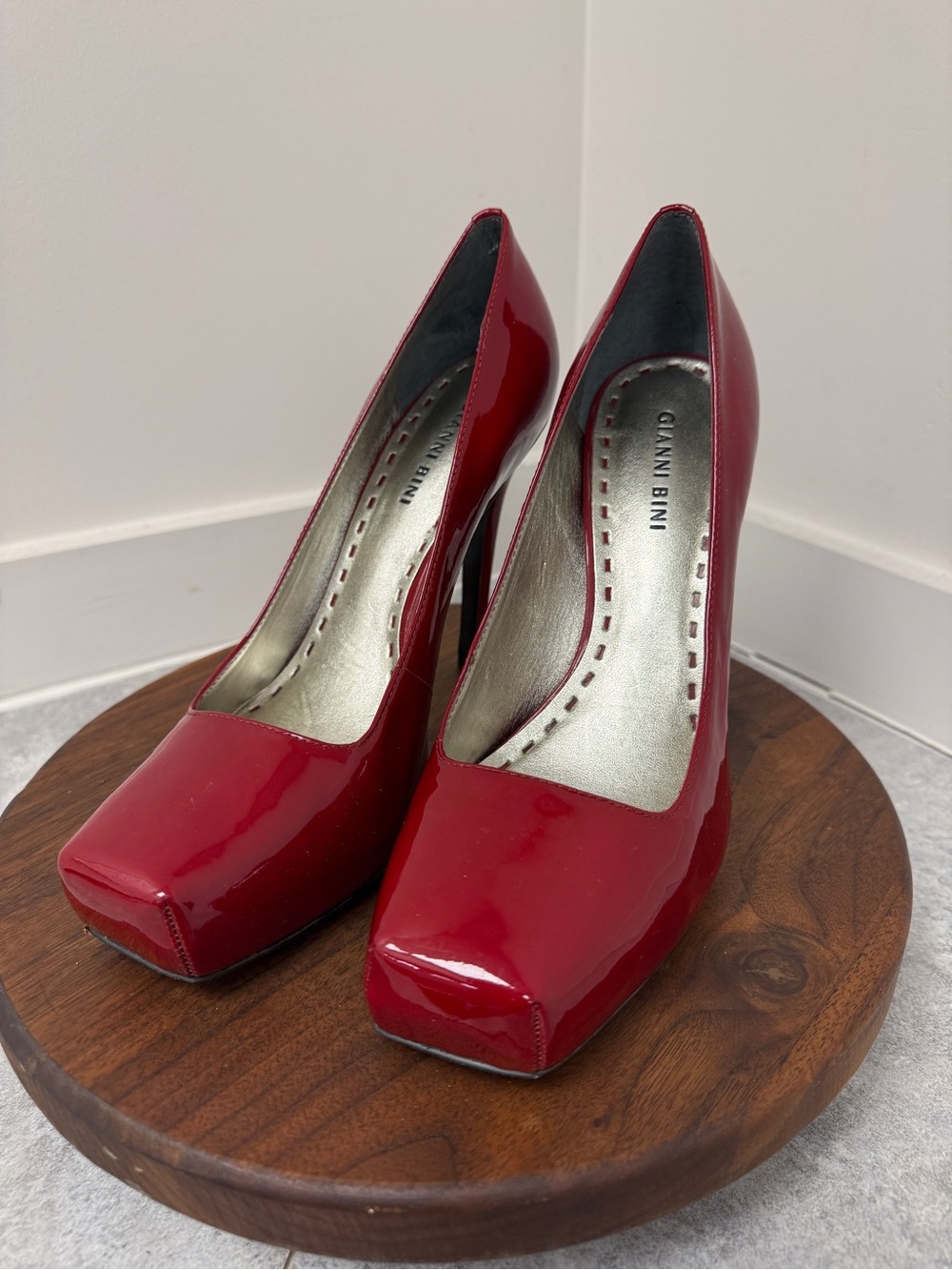 Gianni Bini Red Patent Square Peep Toe Platform Stiletto Pumps